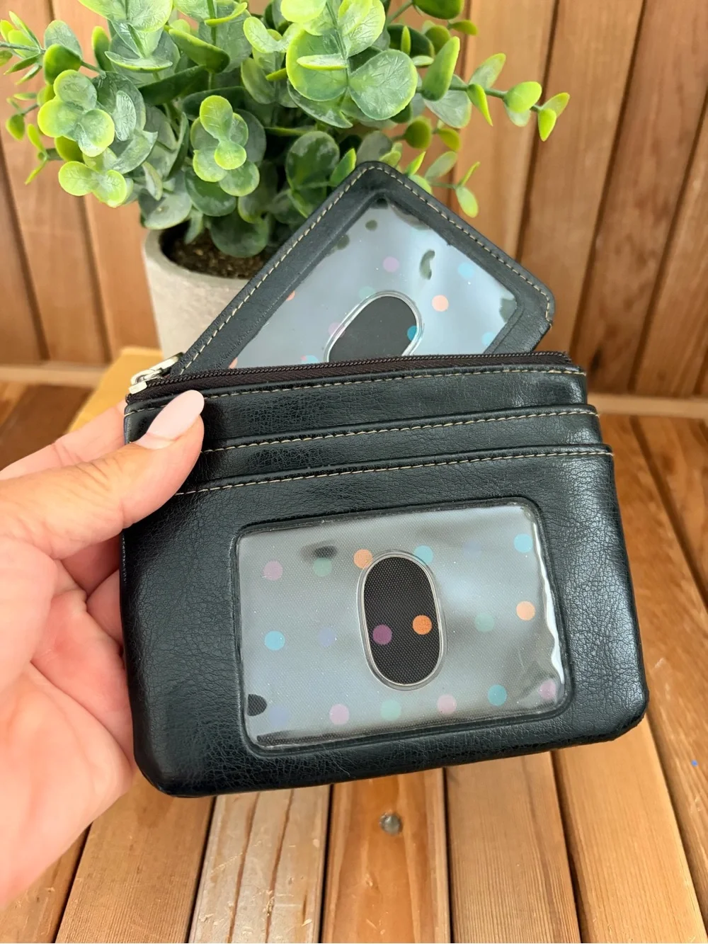 Black Leather Card Wallet with Polka Dot Lining & ID Window,Removable Key Pocket
